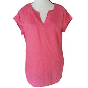 St Tropez 100% Linen Cap Sleeve Split Neck Embroidered Hot Pink Top - Sz M